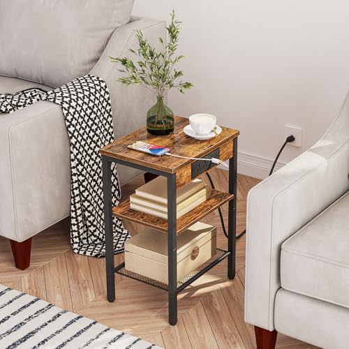 HOOBRO Side Table with Charging Station and USB Port, Small End Table for Small Space, 3-Tier Nightstand with Adjustable Shelf, for Living Room, Bedroom, Rustic Brown BF112BZ01