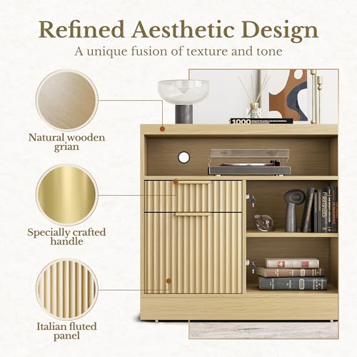 Perledesign L Shaped Standing Desk, 67 Inches Electric Adjustable Desk with Storage & 2 File Cabinets, Fluted Executive Corner Desk for Home Office with Built-in Outlets，1.18" Desktop, Light Walnut
