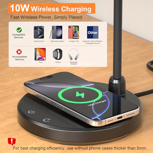 Vicsoon Desk Lamps for Home Office - LED Desk Lamp with Wireless Charger, 3 Color Modes Dimmable Eye-Caring Study Reading Desk Light, Small Flexible Arm Table Lamp for College Dorm Room Bedside, Black