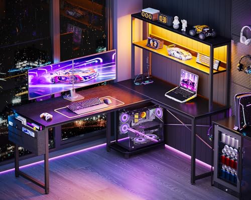 ODK 53 Inch L Shaped Gaming Desk with LED Lighting, Reversible Desk with Power Outlets, Cornor Computer Table with Storage Shelves & Bag & Iron Hook, Home Office Table for Writing, Study, Black