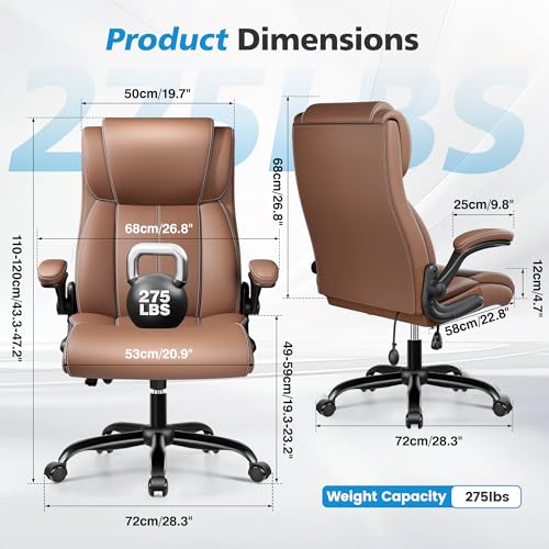 Stella Mia Ergonomic Office Chair – High Back Leather Desk Chair with Adjustable Lumbar Support & Flip-Up Arms, Premium Padded Seat for Home Office Desk, Brown
