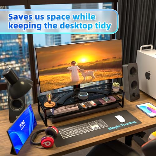 Simple Trending 2 Tier Metal Dual Monitor Stand Riser with 32"x10" Mouse Pad, Computer Desk Organizer for 2 Monitors, Laptop, Printer, TV, Black