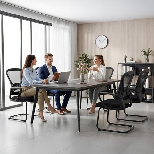 BOWTHY Waiting Room Chairs Set of 10,Office Guest Reception Chair No Wheels,Mesh Conference Room Chairs with Sled Base,Ergonomic Computer Desk Chair with Lumbar Support,Black