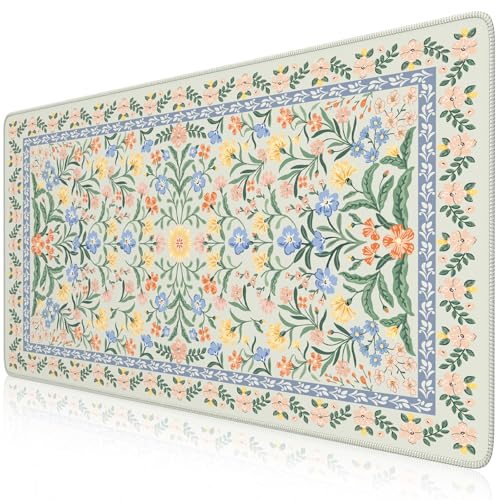 iCasso Desk Matt for Desktop, Desk Pad Mat, Green Floral Computer Mat for Keyboard and Mouse, XXL Large Mouse Pad, Anti-Slip Big Mousepad with Stitched Edges (Green)