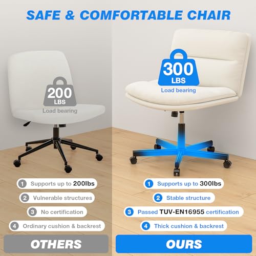 Rfiver Ergonomic Armless Criss Cross Chair with Height Adjustable and Swivel, Wide & Thickened Cushion Cross Legged Vanity Chair, Comfortable PU Leather Desk Chair for Computer Task and Make Up, White