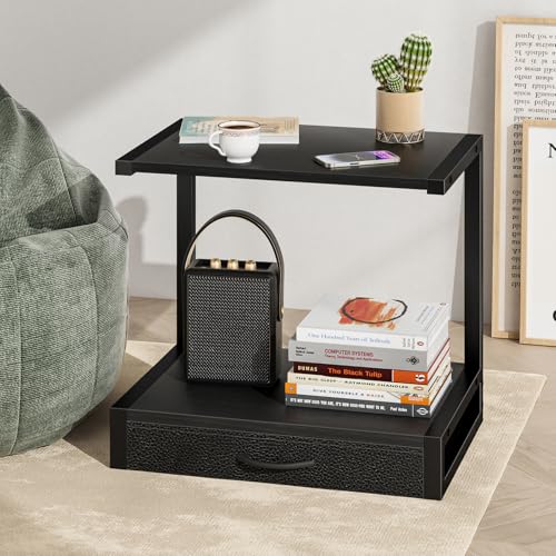 YAOHUOO 2-Tier Desktop Printer Stand with Fabric Drawer, Prtiner Table with Storage Shelf, Desk Organizer for Home Office,3D Printer,Fax Machine,Scanner, 17.3"x11.8" Black