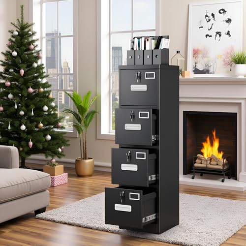 SUXXAN 4 Drawer File Cabinet with Lock and Name Card Slots, Heavy Duty Metal Vertical Filing Cabinet for Home Office for Letter/Legal/A4 Size, 17.72" D x 14.96" W x 55.2" H, Black