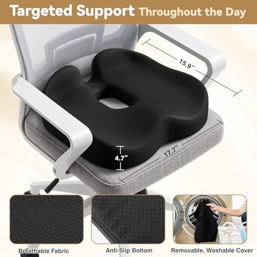 TushGuard Ergonomic Seat Cushion with Coccyx Cutout - 4-Zone Structure Office Chair Cushions for Tailbone Pressure Relief, Non-Slip Chair Pad with Washable Cover for Car, Office, Wheelchair, Black