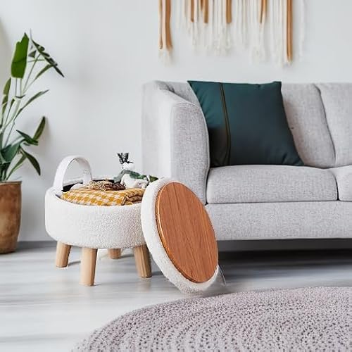 Wimarsbon Storage Ottoman, Modern Round Footrest with Soft Padded Seat, Teddy Velvet Footstool with Wood Legs, Accent Small Table or Plant Stand for Hallway, Living Room (Cream)