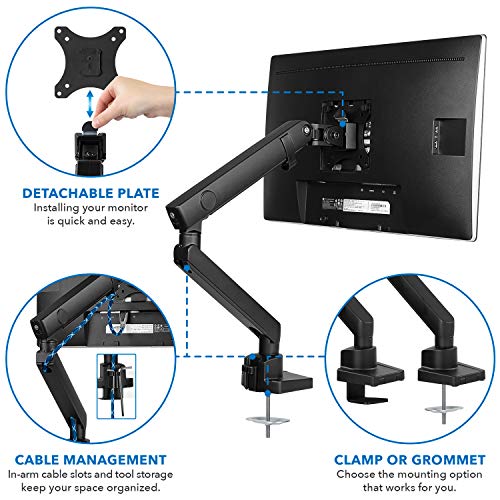 Mount-It! Single Monitor Arm Desk Mount for 24-32 Inch Computer Screens, Full Motion Aluminum Stand, VESA 75x75 100x100, Holds up to 17.6 lbs, Cable Management, C-Clamp and Grommet Base, Black