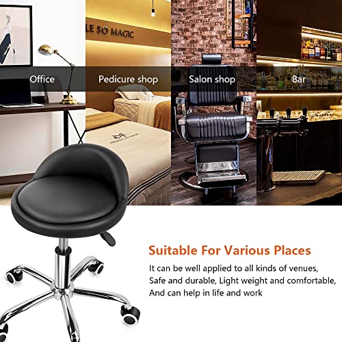 KKTONER PU Leather Round Rolling Stool with Back Rest Height Adjustable Swivel Drafting Work SPA Task Chair with Wheels Black