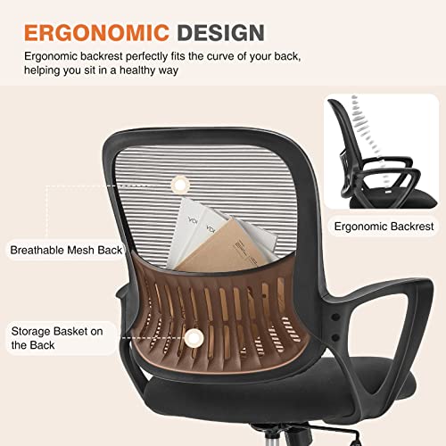 Sweetcrispy Home Office Managerial Executive Chair with Ergonomic Design, Mid-Back Mesh 360° Swivel, Comfortable Lumbar Support, Comfy Arms for Bedroom,Study,Student, Black
