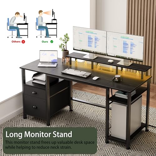 Furologee 61" Gaming Desk with Power Outlets & LED Lights, Reversible Computer Desk with File Cabinet & Monitor Stand for Home Office, Large Work Table with Storage Shelves & Drawer, Black