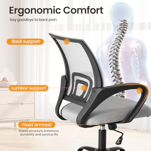 OLIXIS Office Desk Chair - Ergonomic Mid Back with Lumbar Support & Rocking Mode, Height Adjustable with Fixed Armrest, for Home, Computer, Gaming, Conference, Meeting Room, 360° Swivel, Grey, 2 Pack