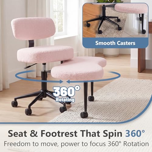 DUMOS Ergonomic ADHD Cross Legged Office Desk Chair with Adjustable Backrest, Height Adjustable Meditation Chair with 360° Swivel Footstool, Teddy Fabric Yoga Stool for Home Office, Pink