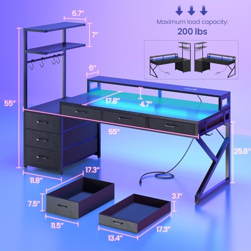 SEDETA 55" Gaming Desk with 6 Drawers, Corner Gaming Desk with Storage & LED Lights, Reversible PC Desk with Power Outlet, Corner Computer Desk with Hutch, Monitor Stand, Side Hook, Carbon Fiber Black
