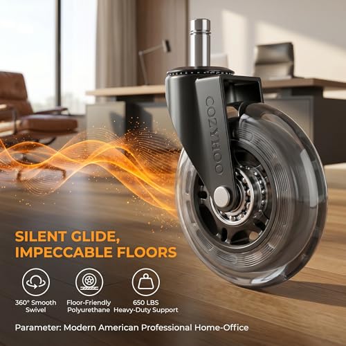 Office Chair Wheels Replacement, Transparent 3 Inch Heavy-Duty Computer Gaming Desk Rubber Casters,Smooth & Silence Gliding for All Floors Including Hardwood Carpet, Set of 5
