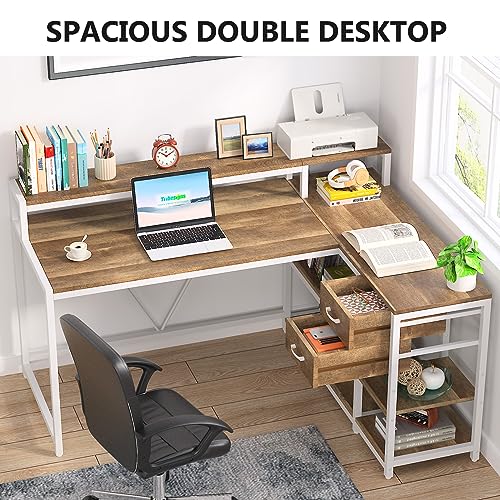 Tribesigns L Shaped Desk with Drawers and Monitor Stand, L Corner Desk with Storage Shelves, Beige Wooden PC Table for Samll Home Office