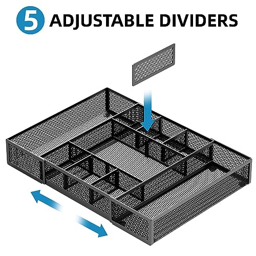 Marbrasse Expandable Desk Drawer Organizer, Mesh Drawer Organizer Tray with 10 Adjustable Compartments, Desk Organizers and Accessories, 5 Dividers Drawer for Office Supplies, Makeup & Vanity (Black)