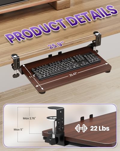 Zontera Ergonomic Mouse & Keyboard Tray Under Desk, Pull Out with Adjustable C-clamp, 20 (25.9 Including Clamps) x 11.8 Inch Slide Out Computer Keyboard Drawer Mouse Tray for Typing, Walnut