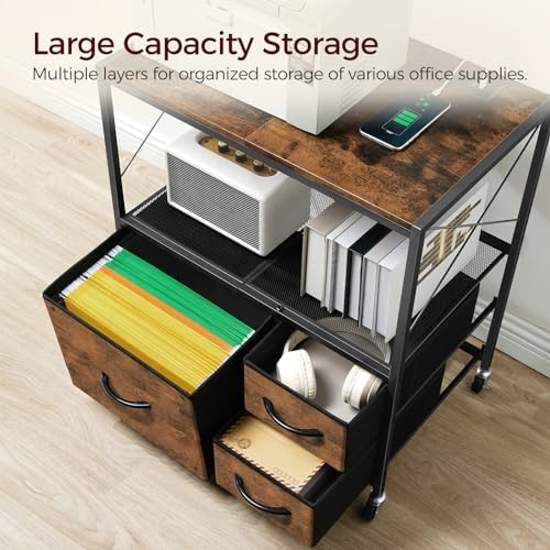 MAHANCRIS File Cabinet with Charging Station, 3 Drawer Lateral Filing Cabinet for Home Office, Mobile Printer Stand with Open Shelf, Fits A4/Letter Size File, Nonwovens Drawer, Rustic Brown FCHR98E01