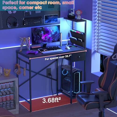 33.7 Inch Small Gaming Desk Table with LED Lights & Power Outlets, Compact L Shaped Gaming Computer Desk with CPU Stand, Drawer & Storage, Corner PC Desk for Kids, Home Office , Bedroom, Black