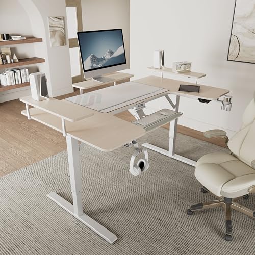 EUREKA ERGONOMIC Gaming Standing Desk with Keyboard Tray,74" U Shaped Studio Desk for Recording&Live,Electric Height Adjustable Desk w LED Convertible Shelves,Maple