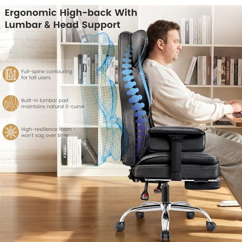 Stella Mia Big & Tall Office Chair 400 lbs – 21.3" Wide Seat High Back Ergonomic Executive Chair with Retractable Footrest, Heavy Duty Computer Gaming Chair for Heavy People, Black