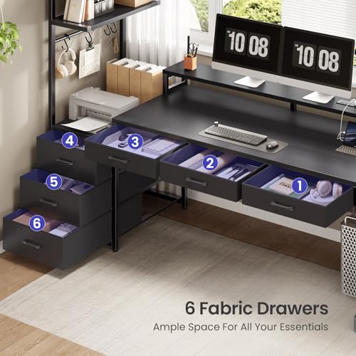 SEDETA 55" Gaming Desk with 6 Drawers, Corner Gaming Desk with Storage & LED Lights, Reversible PC Desk with Power Outlet, Corner Computer Desk with Hutch, Monitor Stand, Side Hook, Carbon Fiber Black