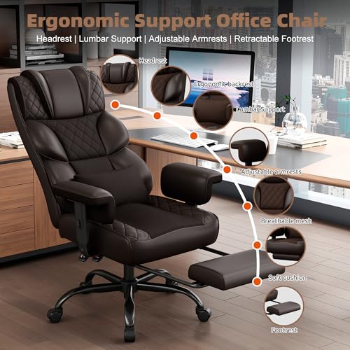 Vonesse Big and Tall Office Chair, Desk Chair with Soft Adjustable Armrests, Ergonomic High Back Gaming Chair with Lumbar Support, Executive Computer Chairs with Footrest (PU Leather, Brown)