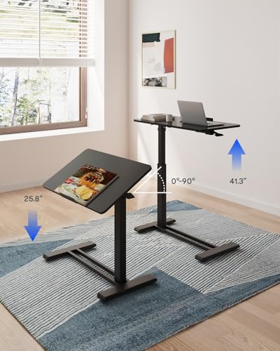 FLEXISPOT H7 PRO Mobile Standing Desk Adjustable Overbed Table Pneumatic with Wheels 90°Tiltable Portable Laptop Desk Rolling Computer Cart Foldable Bedside Table(31.5" W x 17.7" D D, Black)