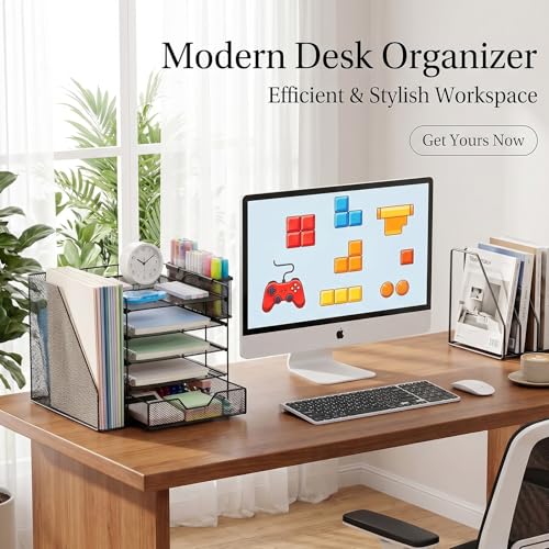Gugsey Desk Organizers and Accessories, 5-Tier Paper Letter Tray Organizer with File Holder, Drawer & Pen Holder, Office Desk Accessories, Desktop Organizer for Classroom Office Supplies, Black