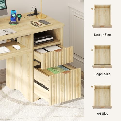 Bestier Computer Desk with Drawer, 55 inch Office Desk with Power Outlet, Modern Home Office Desk with Keyboard Tray (Natual Oak, 55" W with Single-Sided Drawers)
