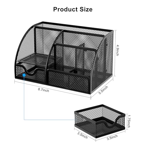 EasyPAG Mesh Desk Organizer with Drawer Multi-functional Pen Holder Stationery Organizer for Office School Supplies 6 Compartments Dorm Organizers and Storage for Desk, Black