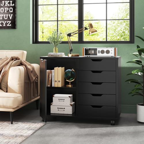 DUMOS 5 Drawer File Cabinet Office Drawers Organizer with Wheels Rolling, Under Desk Cabinets with Shelves and Door Printer Stand with Wood Board Metal Frame for Home Office Storage Craft Room, Black