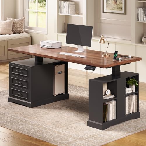 SEDETA Farmhouse Electric Standing Desk, 63" Height Adjustable Computer Desk with 3 Drawers, Storage Shelves, Power Outlets, Wood Home Office Stand up Desk for Work, Study, Writing, Black