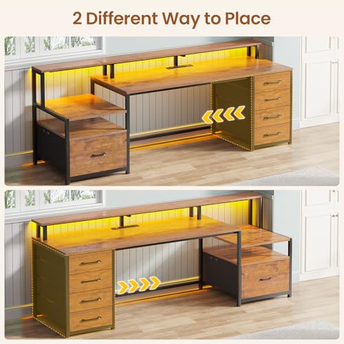 SEDETA Home Office Desk with File Drawer & Power Outlet, 66'' Computer Desk with 5 Drawer, Storage Shelves, Printer Cabinet and Monitor Shelf, Gaming Desk with Led Lights, Rustic Brown