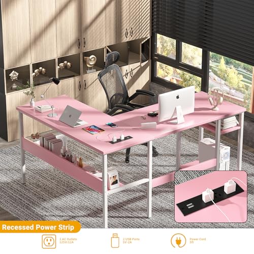Unikito Reversible L Shaped Desk with Magic Power Outlets and USB Charging Ports, Sturdy Corner Computer Desk with Storage Shelves, Gaming Table Home Office Desk, Easy to Assemble, Pink