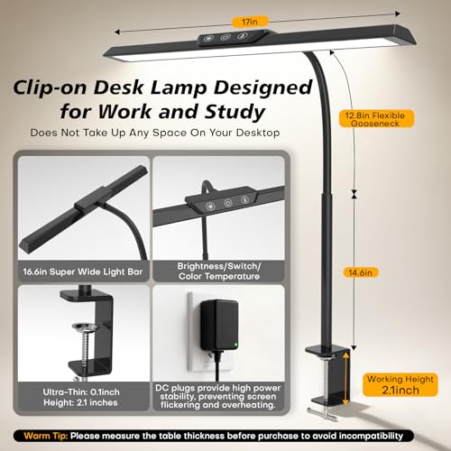 LED Desk Lamp for Office Home, Stepless Dimming Architect Desk Light with DC Adapter, Eye-Caring Desk Lamp with Clamp, 25 Lighting Modes Adjustable 12.8in Flexible Gooseneck for Workbench, Drafting