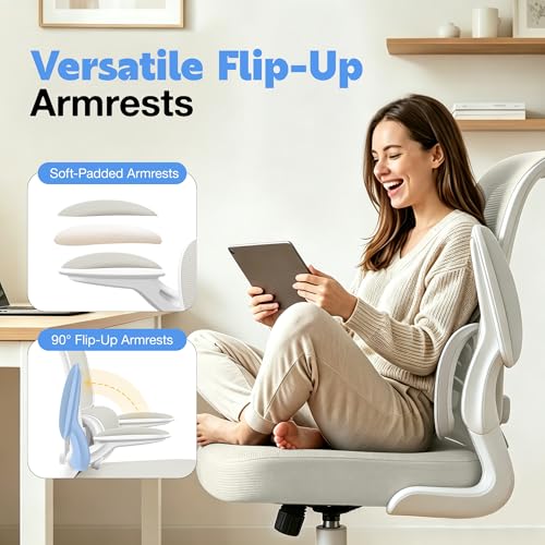ALLGOD Ergonomic Office Chair, Breathable Mesh Ergonomic Desk Chair with Adjustable Lumbar Support, Flip-up Armrests, Computer Chairs Comfortable for Home, Office, Work, 300lbs, White, Upgrade