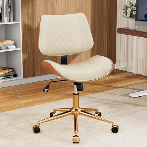 FervorFurn Home Office Desk Chair with Swivel Wheels, Modern PU Leather Armless Office Chair, Small Mid Back Computer Chair for Home Office, Reading Meeting Room (Beige, Gold Wheels)