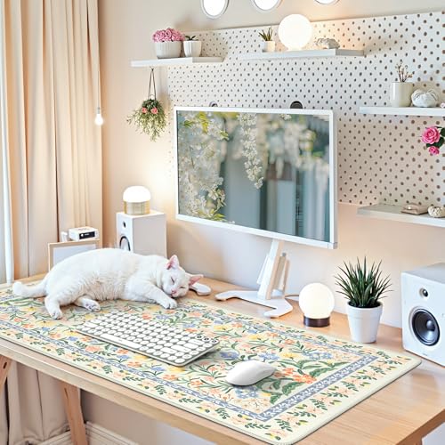 iCasso Desk Matt for Desktop, Desk Pad Mat, Green Floral Computer Mat for Keyboard and Mouse, XXL Large Mouse Pad, Anti-Slip Big Mousepad with Stitched Edges (Green)