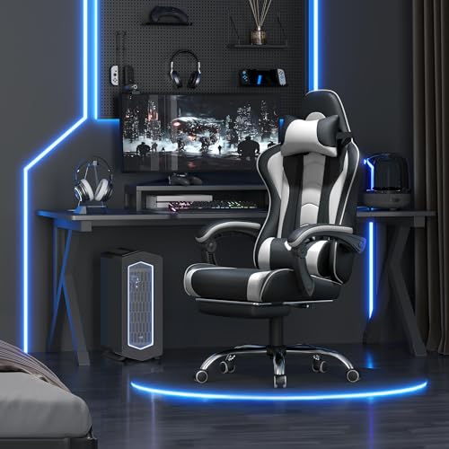 Yaheetech Gaming Chair with Electric Massage Lumbar Support, Footrest & Headrest — Ergonomic High Back Recliner for Home Office, Computer Desk Chair, Height Adjustable, 300 lbs, Black/White
