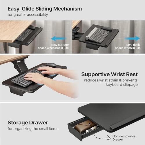 PEGZONE Keyboard Tray Under Desk with Storage Drawer, Height Adjustable Keyboard Tray Slide Out Swivel Tilt, Ergonomic Under Desk Mount Keyboard & Mouse Holder for Gaming Home Office, 25x11'', Black