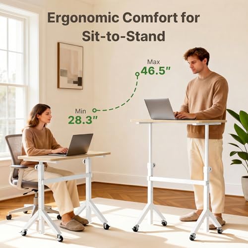 Marsail Mobile Stand Up Desk with Wheels, Adjustable Height Desk from 28.3″ to 46.5″, Rolling Standing Desk with Lockable Wheels, Portable Small Desk for Walking Pad and Treadmill, Nature
