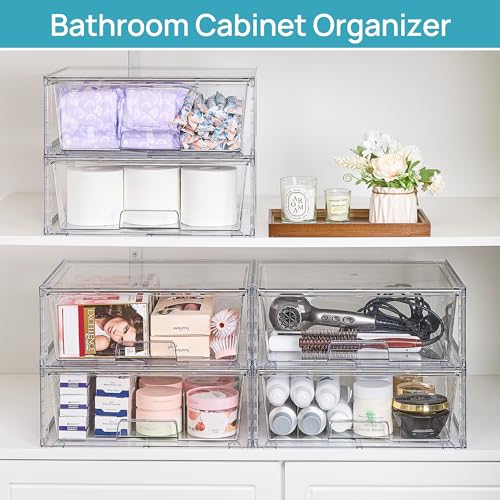 Vtopmart 2 Pack Large Stackable Storage Drawers,Easily Assemble Clear Acrylic Bathroom Closet Undersink Organizers,Plastic Storage Bins for Cabinet,Kitchen Pantry,Medicine Organization