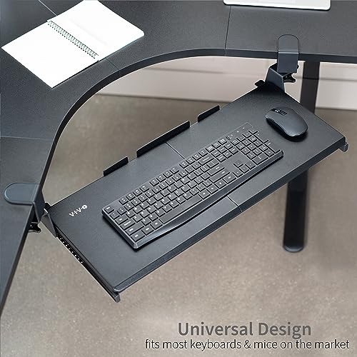 VIVO Large Pull Out Keyboard Tray for Corner Desk, 27 (33 Including Clamps) x 11 inch Slide-Out Platform Computer Drawer, 90-Degree Swivel C-Clamps for L-Shaped Workstation, Black, MOUNT-KB10C