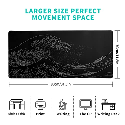Brecoy Japanese Sea Wave Large Mouse Pad, Anime Black Gaming, Extended Kanagawa Mat Desk Pad, 3mm Thick Long Non-Slip Rubber Base Mice Pad, 31.5 X 11.8 Inch