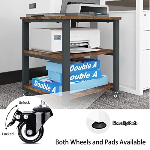 Natwind 3-Tier Laser Printer Cart,19.7''x19.7''x22.6'' Large Machine Stand,Heavy Duty Rolling Table with Storage,Floor-Standing Rack on Wheels,Paper File Organizer Shelf for Home Office (Retro)