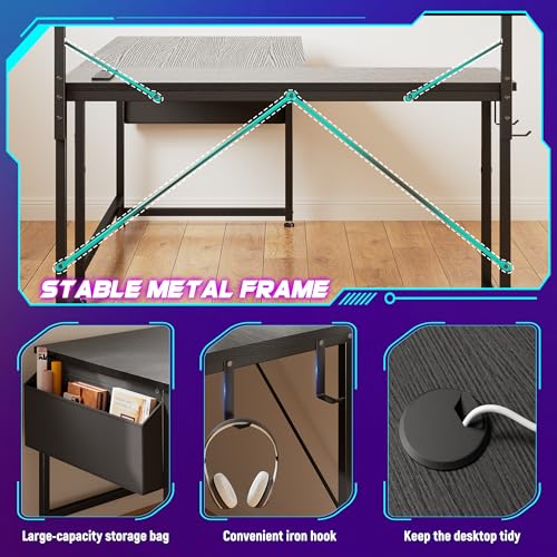 DurayLoly 53 Inch L Shaped Desk Gaming Desk with LED Light & 5 Power Outlet, Reversible Computer Desk with Shelf & Storage Bag Gamer Corner Desk with Headphone Hook for Gaming Room,Small Space,Black